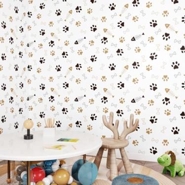 Imagem de EPPKILY Papel de parede dourado e marrom de 44,5 x 797,6 cm, adesivos de impressão de pata para cães e ossos de peixe, papel de contato, papel de parede autoadesivo vintage com estampa de animais para