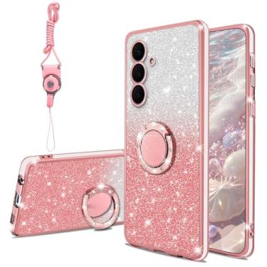 Imagem de KuDiNi Capa para Samsung Galaxy S25 FE (2025) Sparkle Bling Sparkly Slim Clear TPU Thin Shiny Glitter Women Girly, Capa de proteção à prova de choque com suporte de anel e alça para S25 FE, ouro rosa