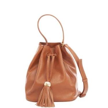 Imagem de Bolsa Bucket Feminina de Couro Legítimo Caramelo com Alça Tiracolo Ajustável Leopoldine-Feminino