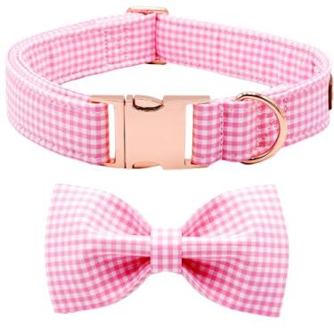 Imagem de Tunkoo Coleira de cachorro xadrez rosa com laço fofo, fivela de metal ouro rosa elegante, coleiras de algodão macio para cães pequenos, médios e grandes - acessório confortável para animais de