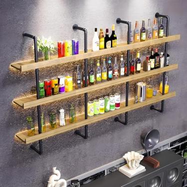 Imagem de Rack de vinho de LED montado na parede – Prateleira flutuante de 3 camadas de madeira maciça para garrafas de bebidas – Suporte de vinho grande para bar, sala de jantar, cozinha (cor de madeira, 180