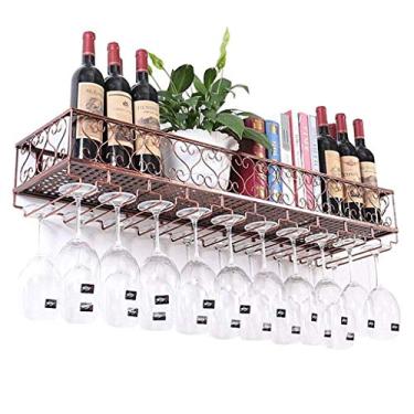 Imagem de Suporte de parede vintage para vinho e suporte de vidro - Organizador elegante para garrafas de vinho e taças, acabamento em bronze, 60 x 25 cm - Perfeito para decoração de bar e cozinha
