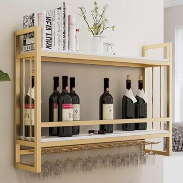 Imagem de Prateleira de vinho elegante montada na parede - Prateleira flutuante de bar de 2 camadas com suporte de vidro, visor de garrafa de licor de metal, organizador de bar doméstico multifuncional