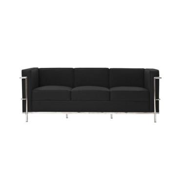 Imagem de Sofa Le Corbusier 3 Lugares Cromado Em Couro Natural Preto