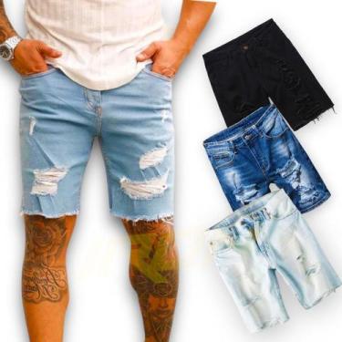 Imagem de Bermuda Jeans SKINNY RASGADA Masculina Casual Slim Preta Azul e Azul C