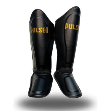 Imagem de Caneleiras de Proteção Muay Thai 30 mm Preta Minimal Dourado Pulser, P