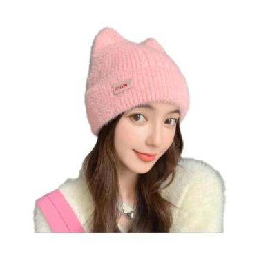 Imagem de Chapéu de Inverno Feminino com Orelhas de Gato - Gorro de Malha com Pe