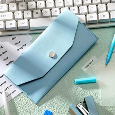 Imagem de Frienda 1 envelope de dinheiro carteira de couro PU reutilizável envelope econômico 8 divisórias de dinheiro 2 folhas etiquetas adesivas para carteiras planejador de notas (azul, clássico)