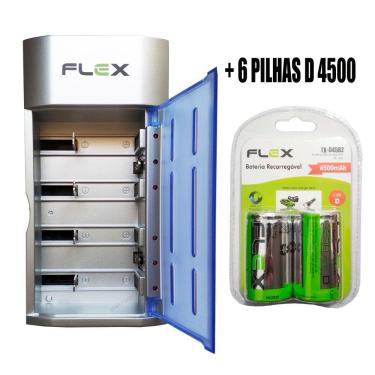 Imagem de Carregador de Pilhas Flex AA AAA C D Baterias 9v Led com 6 Pilhas D 4500 mAh Recarregáveis Universal FX-C06