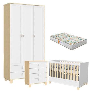 Imagem de Quarto De Bebê Rope 3 Portas Natural Branco Com Colchão Gazin  Matic