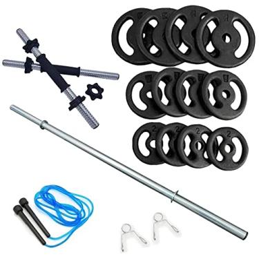 Imagem de Kit Fitness 40Kg + 2 Barras 40cm C/Rosca + 1 Barra 120cm C/Presilhas + Corda