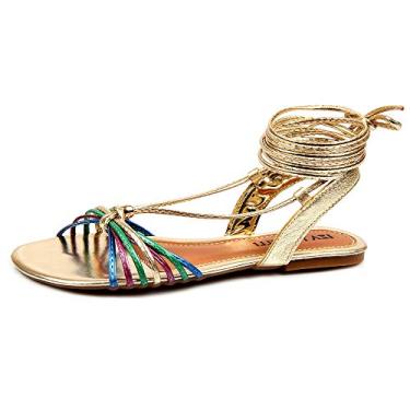 Imagem de Sandália Feminina Rasteira Iza Tonelli Metalizada Amarrar na Perna - Colorido Tamanho:33;Cor:Colorido;Material:Metaliza