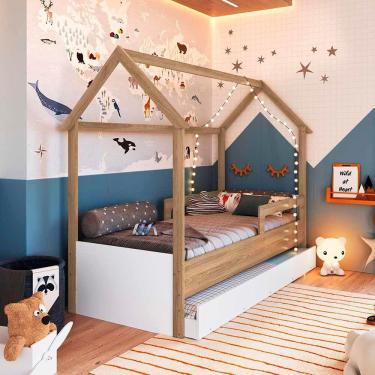 Imagem de Cama Infantil Casinha Com Auxiliar E 2 Colchões Aveiro Oak Branco Sonho Completa Móveis