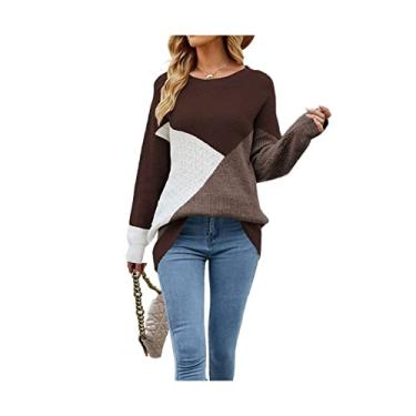 Imagem de Suéter feminino manga longa gola redonda pulôver de malha casual superdimensionado (cor: café, tamanho: médio)