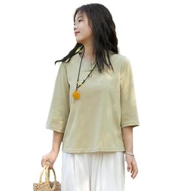 Imagem de LUANLE Camiseta feminina de manga de sete pontas casual de algodão de cor sólida com botão chinês Half Collar, Bud Green, XXG