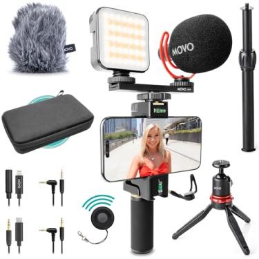 Imagem de Movo Kit de vlogging iVlogger-PRO para iPhone/Android - Kit inicial do YouTube para criadores de conteúdo - Acessórios: tripé de telefone, suporte para telefone, luz RGB e microfone espingarda VXR10