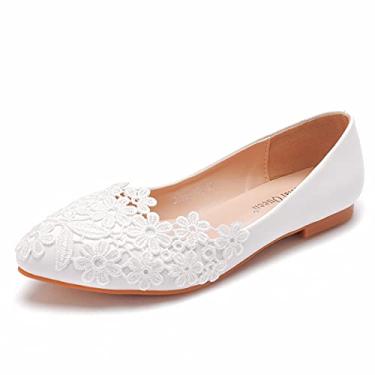 Imagem de Sapatilhas de balé femininas Crystal Queen, sapatos de renda branca, sapatos de casamento, bico fino, tamanhos grandes, sapatos de festa de casamento, Off White, 7