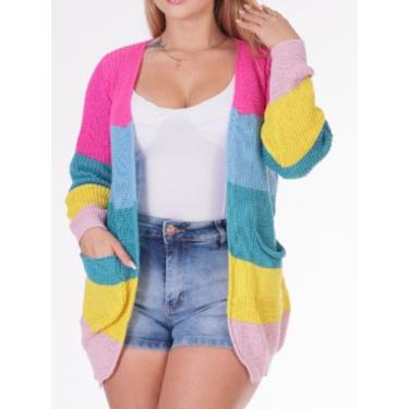 Imagem de Kimono Cardigan Feminino de Tricô Colorido Inverno Fashion - Reknor, M