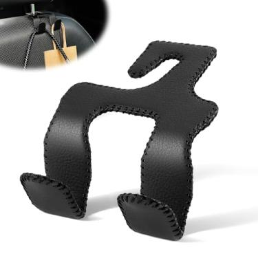 Imagem de LivTee Gancho traseiro para assento de carro de couro superior atualizado para encosto de cabeça, ganchos de carro 2 em 1, suporte para organização, acessórios interiores para bolsas, casacos, guarda-chuvas, bolsas de mercado (preta)
