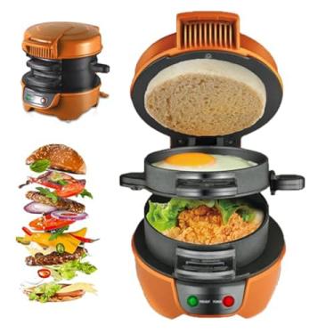 Imagem de Chapa redonda elétrica pequena, máquina de café da manhã com aquecimento dupla face, máquina de hambúrguer multifuncional de 5 minutos, sanduicheira doméstica destacável e lavável na máquina com anéis