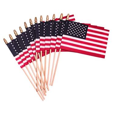 Imagem de TUTARE 50 Bandeiras americanas com ponta de lança - 20 x 30 cm. Bandeiras de bastão portáteis com topo de lança ótimas para decorações patrióticas ou celebrações - Conjunto de 12