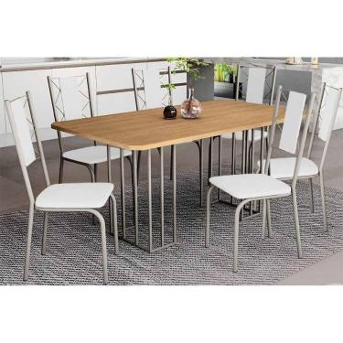 Imagem de Sala De Jantar Duina Com Tampo De Madeira 160cm E 6 Cadeiras Lisboa Niquel Freijó Courano Branco