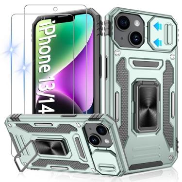 Imagem de Gritup Capa para iPhone 13/14 com capa de câmera deslizante | Pacote com 2 protetores de tela HD | Suporte de metal giratório de 360° | Proteção à prova de choque de grau MIL-(padrão militar) | Verde