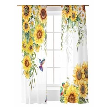 Imagem de Cortinas transparentes de verão girassóis margaridas 213 cm de comprimento, conjunto de 2 painéis, folhas florais rústicas, pássaros e cortinas com filtro de luz, cortina de painel de voile com bolso