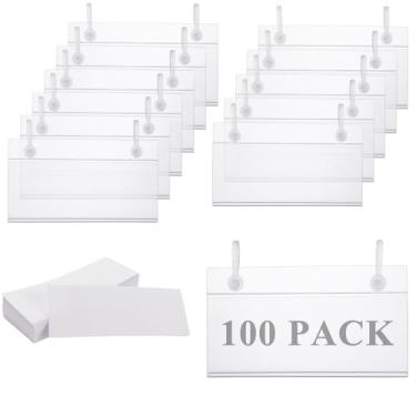 Imagem de LDHHYH Pacote com 100 suportes de etiqueta de prateleira de arame de plástico, suporte de etiqueta de cesta reutilizável transparente, clipes de gancho de bilhete de preço para supermercado loja de