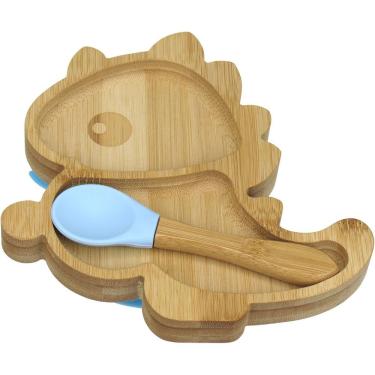 Imagem de Prato Infantil Criança Bebê Com Colher E Ventosa Home&co Dinossauro Bambu 3x18x18cm Natural