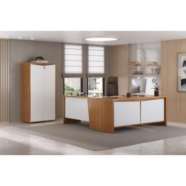 Imagem de Kit 2 Peças Com Mesa Diretor Em L Para Escritório Com Recorte Em Y E Armário Multiuso 2 Portas Freijó-branco