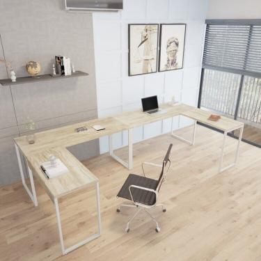 Imagem de Kit 2 Mesas De Escritório Em L Estilo Industrial 1,50mx1,50m Kuadra Carvalho-branco