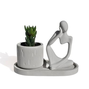 Imagem de Conjunto Decorativo 3 Peças Estátua Pensadora Vaso Contemporâneo E Bandeja Cinza