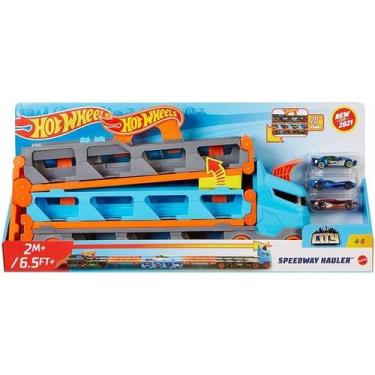 Imagem de Hot Wheels Caminhao Pista com Carrinhos Mattel GVG37, Azul e Laranja, 