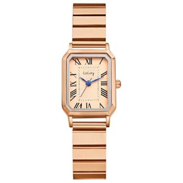 Imagem de JewelryWe Relógio feminino quadrado retangular: mostrador retangular, algarismos romanos, analógico, quartzo, relógio de pulso vintage, dourado, pequeno, aço inoxidável, Ouro rosa, Adjustable