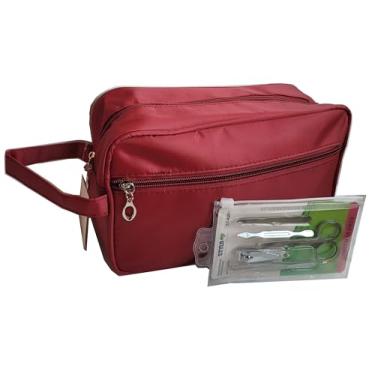 Imagem de Necessaire Unissex Vermelha Exclusiva com Kit Beleza Unhas Acessórios em Inox, Masculina ou Feminina, Bolsa de Viagem, Organizadora de Higiene, Estojo Grande Maquiagem NV1