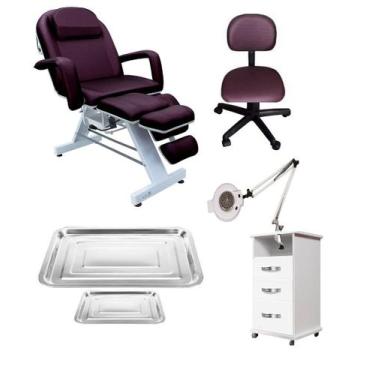 Imagem de Maca Podologia Vinho Kit Mocho Armário Exaustor Bandejas - SL / Fiscom