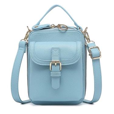 Imagem de GISMTR Bolsa tiracolo de couro feminina, bolsa carteiro vintage, bolsas de ombro antirroubo de grande capacidade com 10 compartimentos para cartão, Azul claro, Vintage