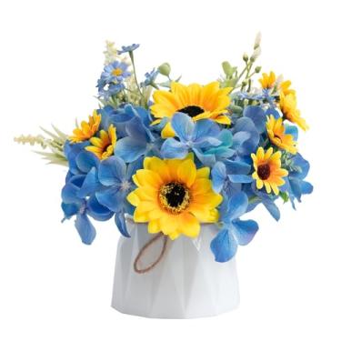 Imagem de WELL KNOWN Pequenas flores falsas em vaso de plástico, decoração de mesa de centro de mesa de café, arranjo de girassol de seda para decoração de casa, buquê de flores artificiais para sala de jantar
