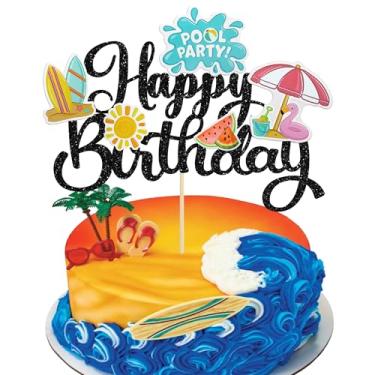 Imagem de Ephlyn 1Pcs Summer Beach Pool Cake Topper Sun Umbrella Watermelon Water Gun Slippers Cake Picks Baby Shower Hawaii Beach Pool Theme Birthday Party Cake Decorations Supplies Black