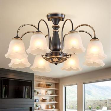 Imagem de OUFULA Lustre retrô americano LED Europeu Luxo Sala de Estar Restaurante Quarto Estudo Villa Hotel Café Lâmpada Pendente (J 8 luzes)