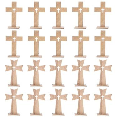 Imagem de 20 peças cruzes de madeira para artesanato, cruz de madeira inacabada com base, pequenas cruzes de madeira centros de mesa para bricolage, primeira comunhão, igreja, decoração de quarto