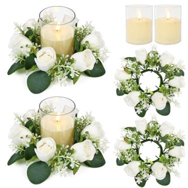 Imagem de ACMEE Anéis de vela de rosa branca com conjuntos de velas sem chama - 4 peças de centro de mesa de casamento de eucalipto de flor artificial de 7,6 cm para decoração de festa de casamento (conjunto