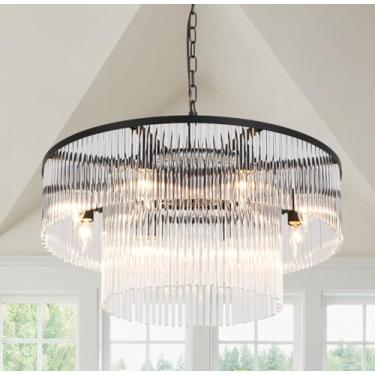 Imagem de Akeelighting Lustre moderno preto, vidro de cristal de 2 camadas, lustre redondo para sala de jantar de 8 luzes, luz de teto pendente contemporânea para entrada do hall de entrada, 60 cm