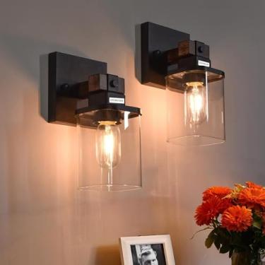 Imagem de Floresita Arandelas de parede Farmhouse, pacote com 2, arandelas com fio, iluminação de parede com sombra de vidro, conjunto de dois para quarto, banheiro, sala de estar, quadrado com fio