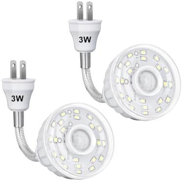 Imagem de 2 peças de luz noturna com plugue branco de 3 W, luz noturna LED PIR ativada por movimento infravermelho para tomada CA, sensor de luz inteligente do crepúsculo ao amanhecer, rotação direcional de 360