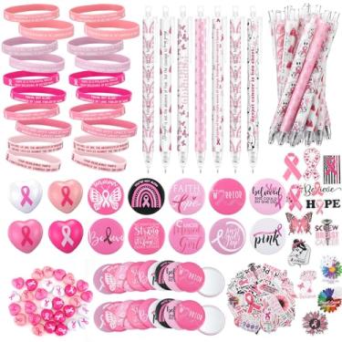 Imagem de TaoBary Conjunto de 50 presentes de conscientização sobre o câncer de mama, incluindo canetas de fita rosa, pulseiras de silicone, espelhos de bolso, bolas de estresse, adesivos para mulheres, câncer