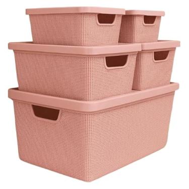 Imagem de Cesto Organizador com Tampa Caixa Organizadora de Plástico Multiuso Cesta Organizadora para Armazenamento Caixas Organizadoras(Rosa com Tampa)