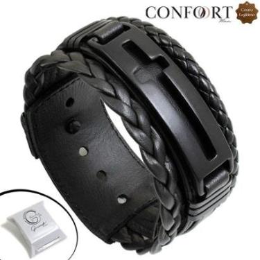 Imagem de Pulseira de Couro Preto Ajustável Caixa Trançado Artesanal All Black-Unissex