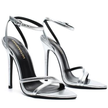 Imagem de HAOZHAOTOU Sapato social feminino de verão com tiras e salto agulha sexy salto alto e tira aberta, B - prata, 36